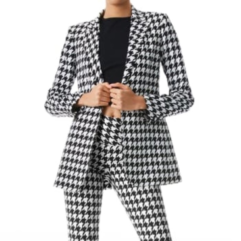 Alice and Olivia Breann Fitted Houndstooth Black and White Print Blazer